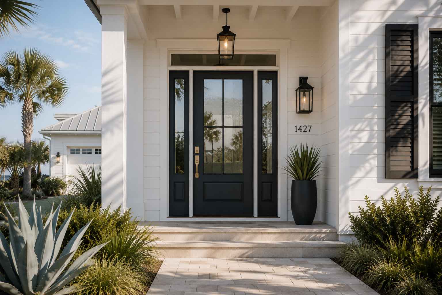 Modern fiberglass front door on a coastal Florida home