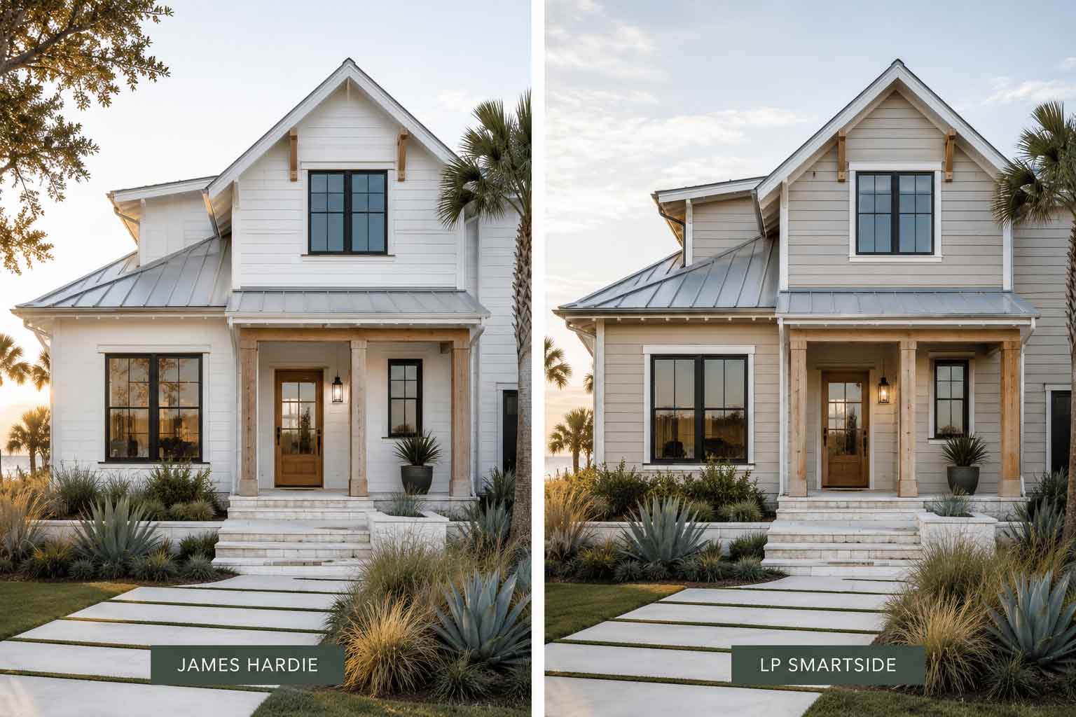 James Hardie fiber cement and LP SmartSide engineered wood siding compared on a Gulf Coast home