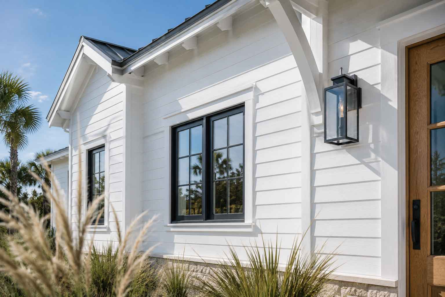 White board and batten coastal home with black window trim on the Gulf Coast