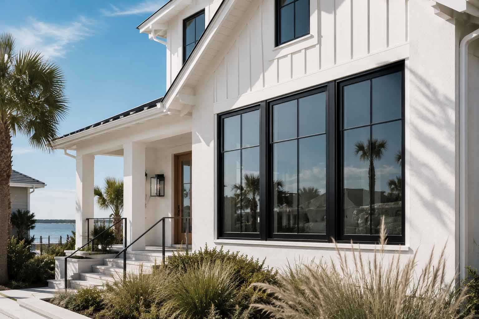 Black-framed impact replacement windows on a Gulf Coast coastal home